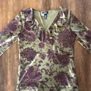 3/4 length Chaps purple and green top. EUC